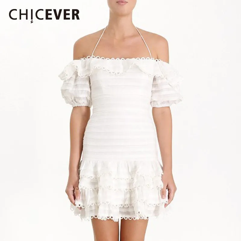 CHICEVER 2019 летнее Полосатое белое лоскутное кружевное платье для женщин с оборками