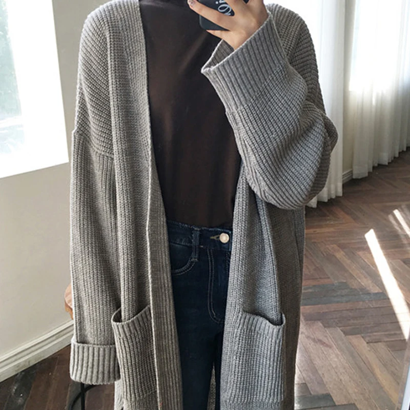 Lady's Sweater Happymulti Casual Knit Pockets Solid Color Spring Autumn Harajuku Long Cardigan Loose Women's sweater |