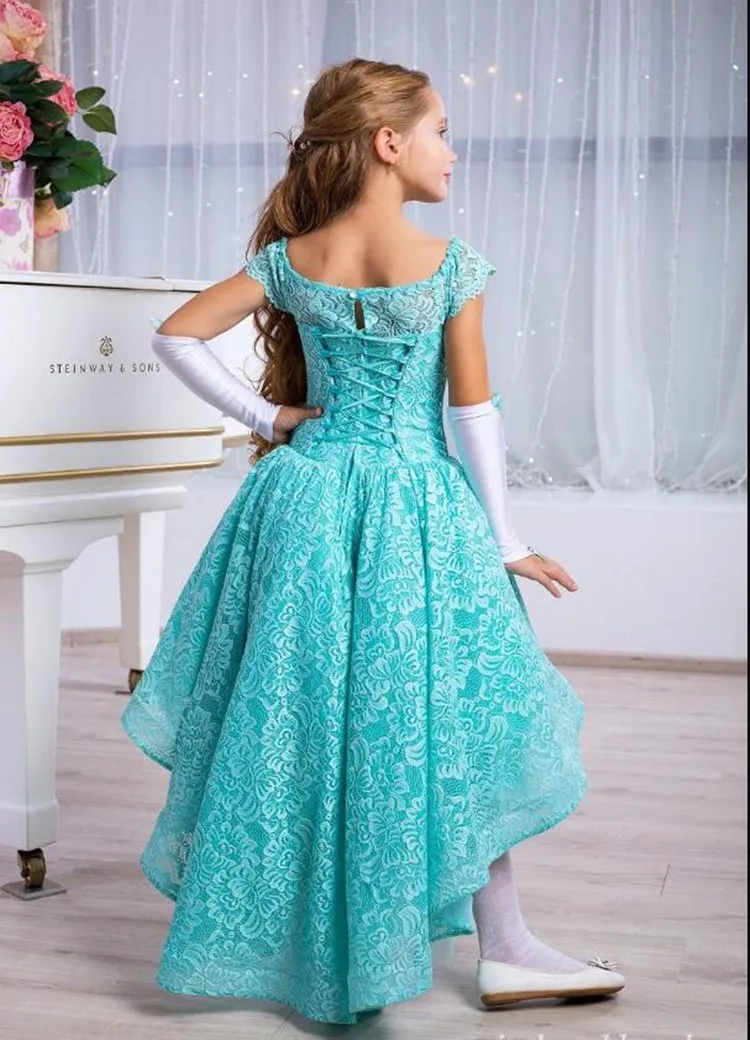 Unique and Soft Lace High Low Girls Pageant Gowns with Cap Sleeves Up Back Custom Made Flower Girl Dress For Wedding Longo | Детская