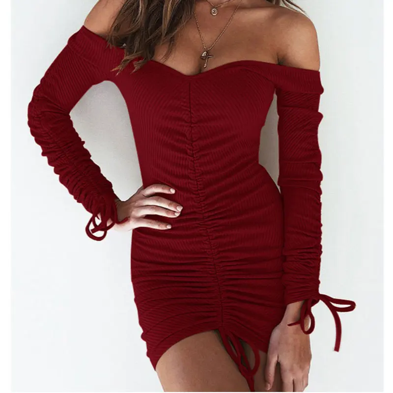 Весна 2020 женское трикотажное платье с открытыми плечами обтягивающие