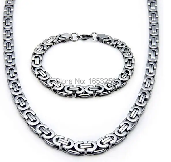 

On sale 5 set Lot 24''+8.66'' 8mm stainless steel Flat Byzantine Chain Link necklace and bracelet Men Jewelry Set