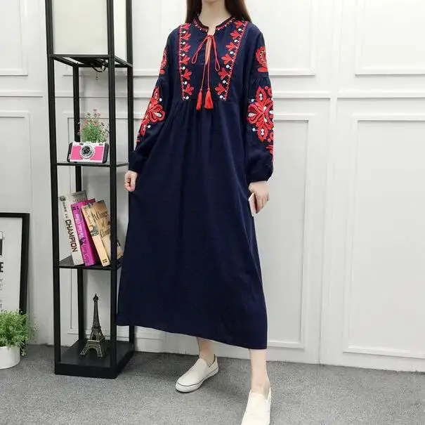 Женское платье с цветочной вышивкой в этническом стиле хлопковое льняное макси