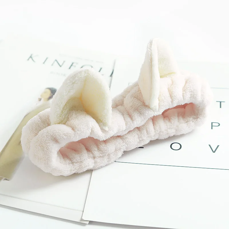 Fold with pale pink Милая мягкая флисовая женская повязка на голову с заячьими ушками для макияжа, повязка для волос для мытья лица, спа-маска для душа - Цвет: Fold with pale pink