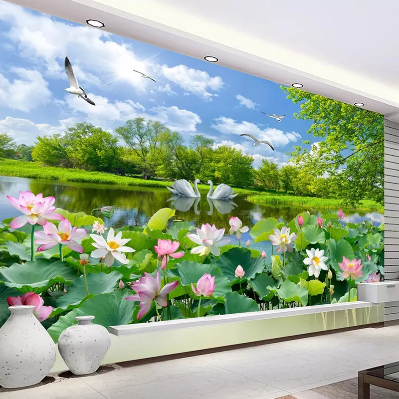 

Custom Any Size 3D Photo Wallpaper Wall Cloth Romantic Swan Lake Lotus Pond Lotus Landscape Large Mural Living Room Decoration