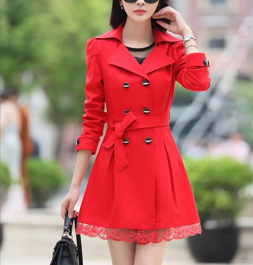 Women's trench COATS slim FEMALE coats fashion windbreaker belt lapel versatile female outwear Double-breasted Lace women | Женская