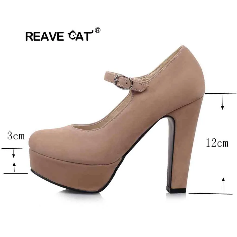 REAVE CAT/; женские туфли-лодочки Mary Jane на высоком каблуке; женские свадебные вечерние туфли из флока с круглым носком на платформе с квадратным каблуком и пряжкой на ремешке; большие размеры