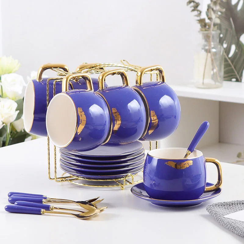6-piece set blue Высокая-класс Кофе чашка Модный комплект одежды с принтом «губы» Кофе чашки фарфоровая чашка для чая наборы чашек и блюдца Набор кружек домашний, для напитков - Цвет: 6-piece set blue
