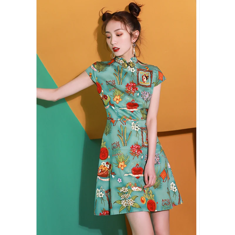 Горячая Распродажа, традиционное китайское женское Короткое платье Ципао, женское атласное платье Ципао, сексуальное льняное платье Ципао с принтом, плюс