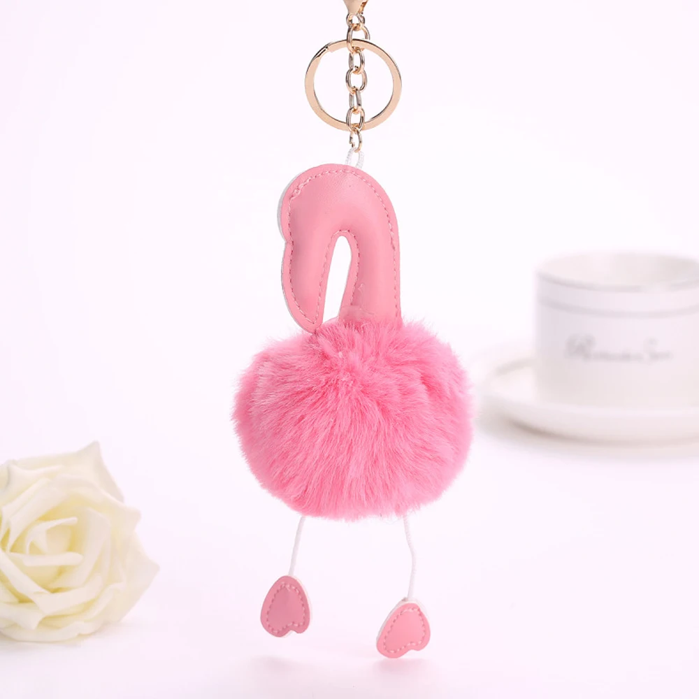 Kawaii мультфильм брелок в виде фламинго Подвески помпон брелок для женщин девочек Сумка пушистый искусственный мех мяч брелок кольцо Pom Ювелирное Украшение с помпоном
