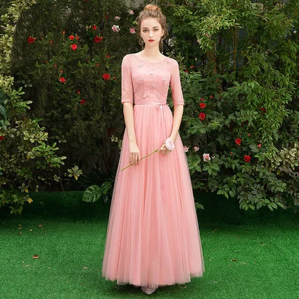 SSYfashion, элегантные, короткие рукава, шнуровка сзади, длина до пола, длинные шифоновые платья подружек невесты, на заказ, свадебные платья для женщин - Цвет: pink
