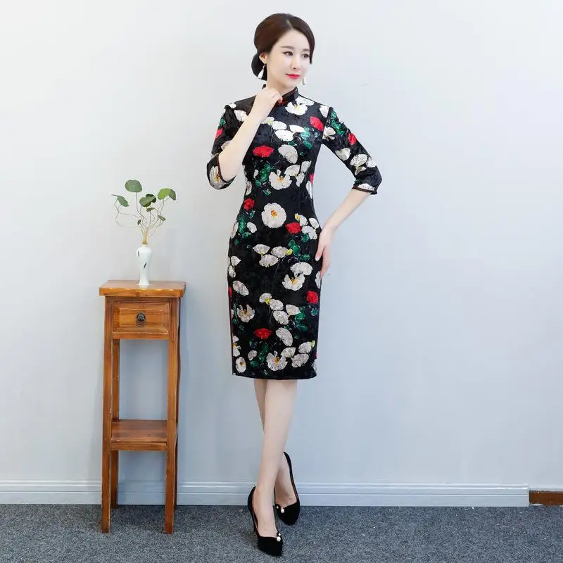 Осень Зима размера плюс бархат Qipao Элегантный женский китайский ручной работы Кнопка Тонкий Cheongsam Винтаж с цветочным принтом вечернее платье - Цвет: Style 4