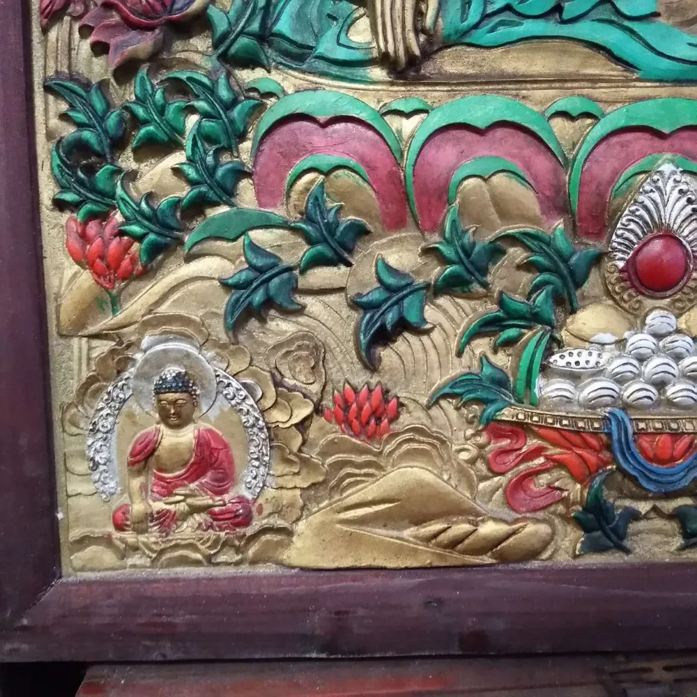 Tibet Wood Inlay Copper Painting Shakyamuni Amitabha Buddha Hang Wall Screen Buddhism Tathagata |