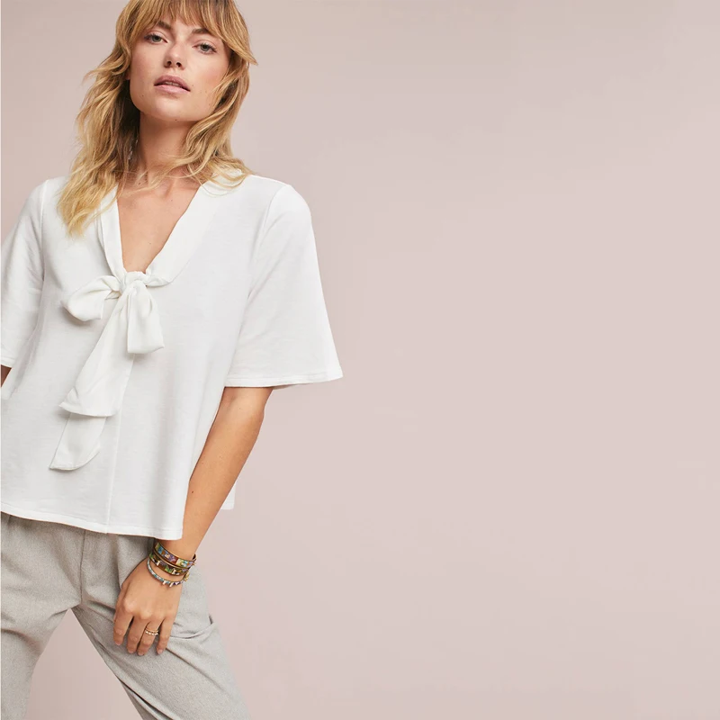 HDY HaoDuoYi Fashion Women T-shirt Solid White Lace-up Neck Short Sleeve Shirt Casual V Top Ladies Loose T-shirts | Женская одежда
