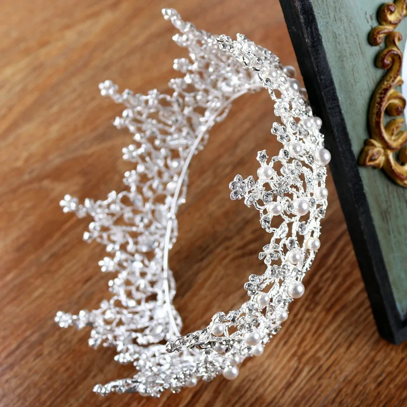 Большие круглые стразы тиара жемчуг свадебная корона принцессы полный круг