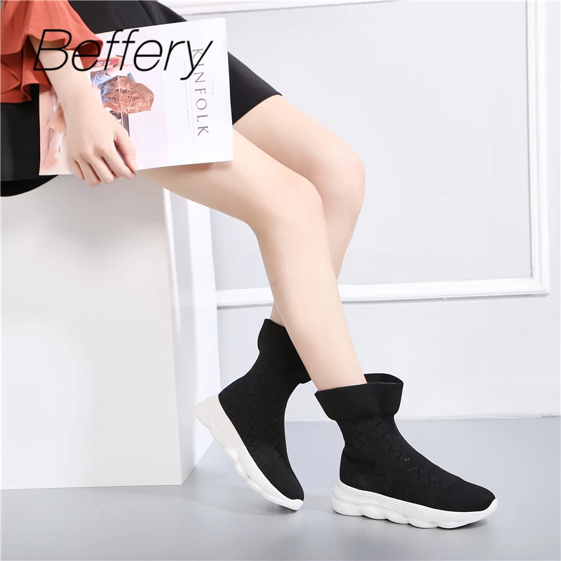 Beffery slip on вязать женские кроссовки с высоким берцем Удобная Осенняя Повседневное