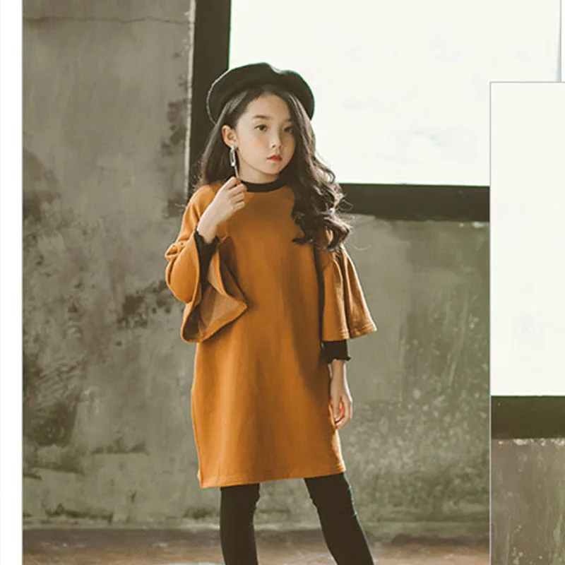 teenage girls long sleeve dresses with pockets autumn spring 2018 brown green sweatshirts hoodies dress baby girl clothes | Детская