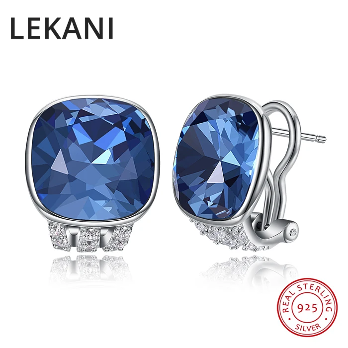 LEKANI кристаллами SWAROVSKI Новые квадратные серьги-гвоздики S925 Серебряный пирсинг Винтажные Ювелирные украшения для женщин и девушек подарки - Цвет камня: Синий