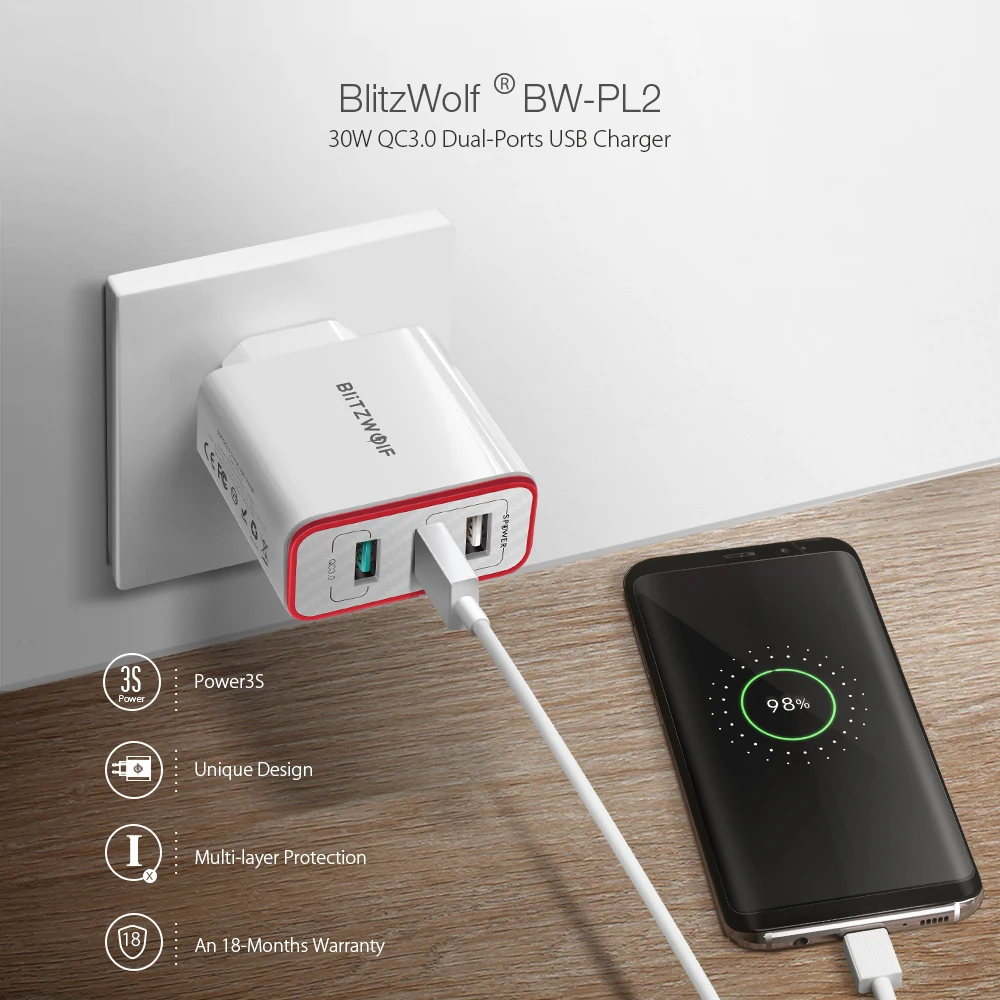 BlitzWolf BW PL2 30 Вт QC3.0 FCP 3 порты универсальное автомобильное зарядное устройство USB