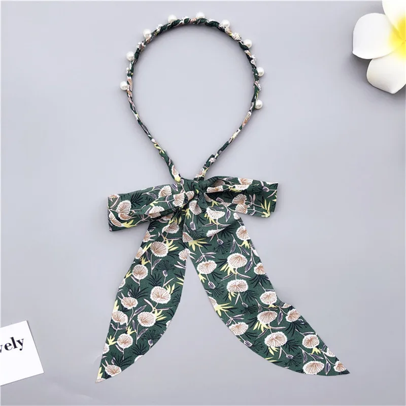 Ободок Ruoshui Атласный Женский с принтом аксессуар для волос бантом и жемчугом| |