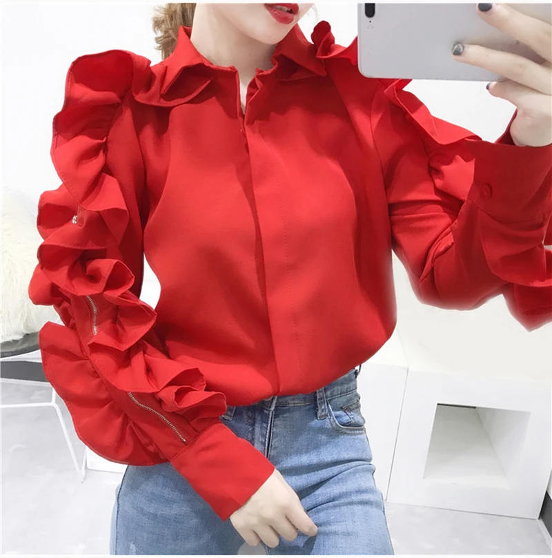 Red Plegie рюшами молния рукавом Блузка Для женщин Мода Дизайн универсальные Blusas Mujer De Moda Для женщин s Топы и блузки - Цвет: Red