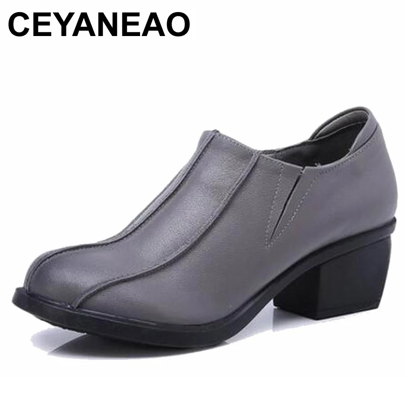 

CEYANEAO 2019 Ретро Стильные женские туфли на массивном каблуке Туфли-лодочки с круглым носком на высоком каблуке из натуральной кожи E1911