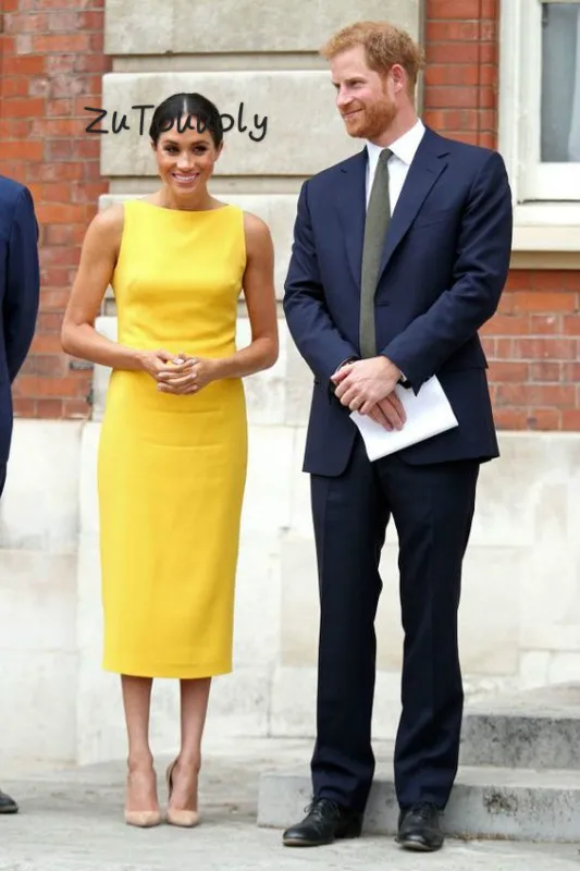 Цвет: желтый Meghan Markle Стильное желтое вечернее платье, колонна, без рукавов, миди, формальное платье для выпускного вечера, разрезы сзади, дешевое вечернее платье - Цвет: Цвет: желтый