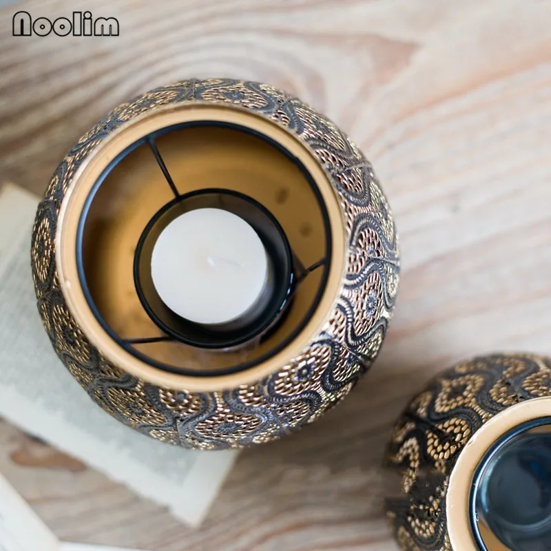 NOOLIM винтажный черный золотой железный полый резной подсвечник для домашнего