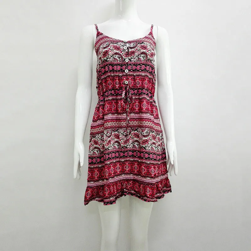 Boho Летнее мини платье комбинация с цветочным принтом на бретельках бретельками