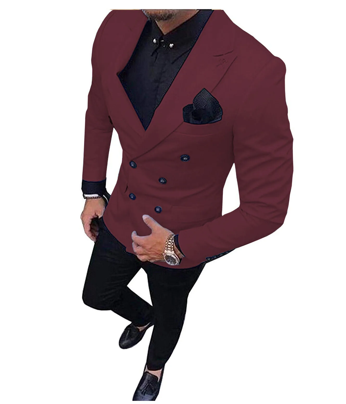 Burgundy 2 шт. мужские костюмы Slim Fit Бизнес двубортные костюмы жениха шерсть "твид" розового цвета в стиле смокинга для вечернее платье на свадьбу(пиджак+ брюки - Цвет: Burgundy