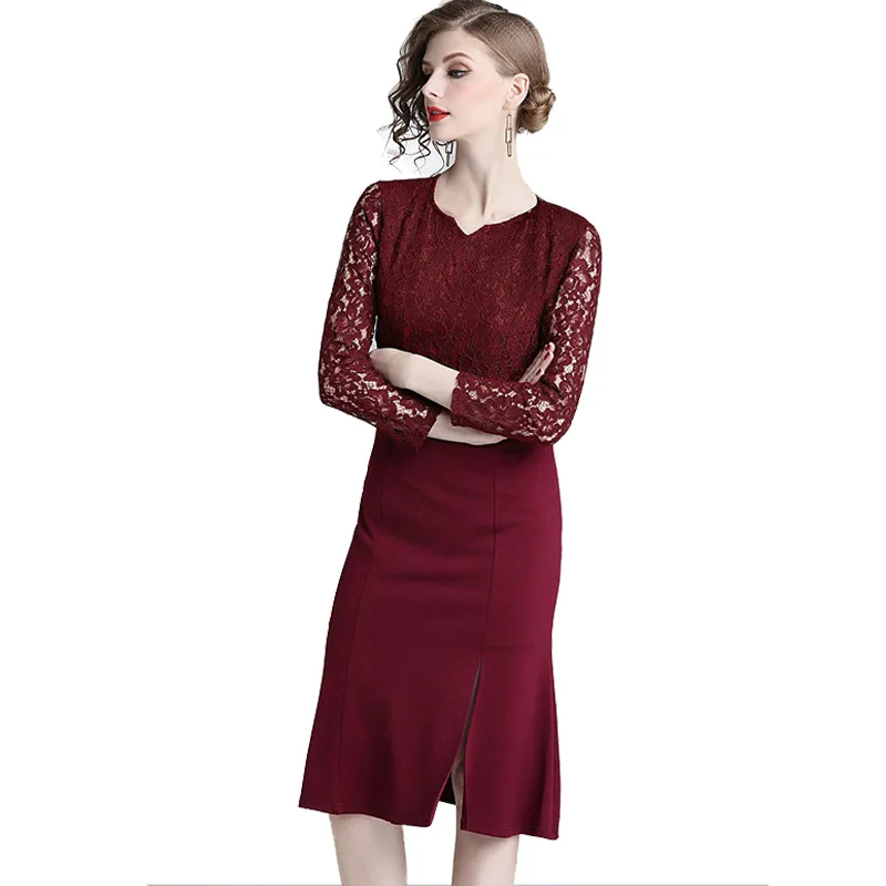 USPOP 2019 New women mermaid dress vintage trumpet full sleeve empire solid color sheath | Женская одежда
