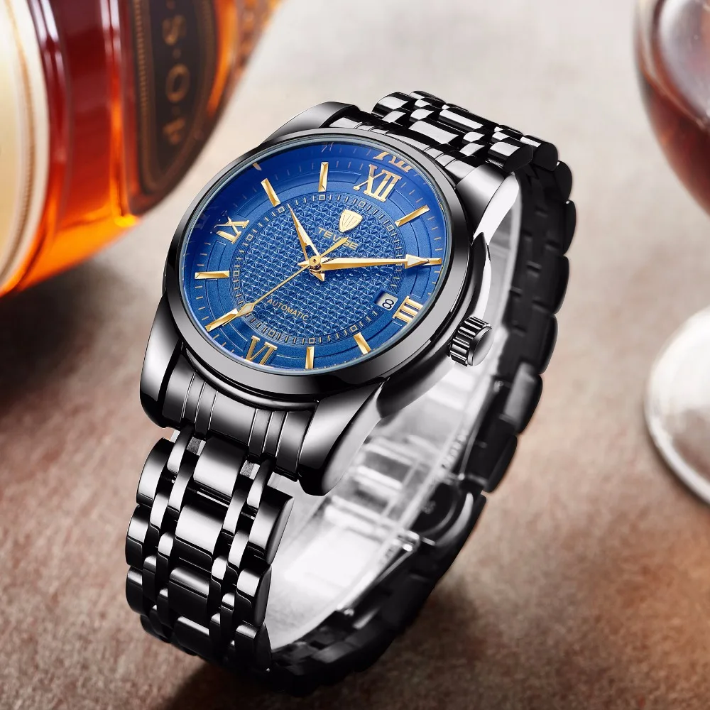 Мужские автоматические часы TEVISE черные нержавеющая сталь Авто Дата модные