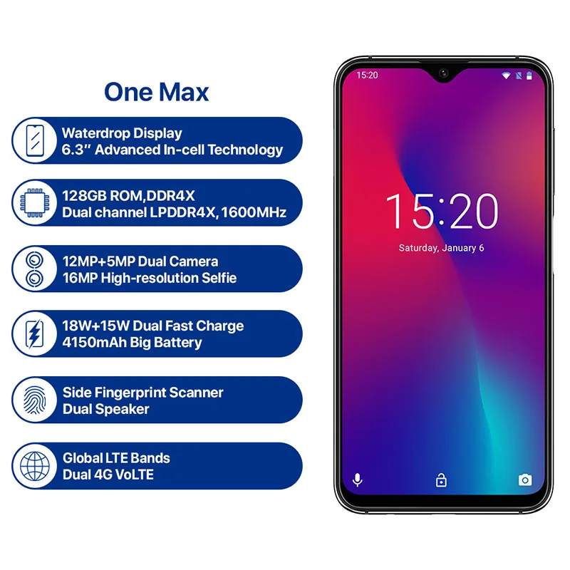 Umidigi One Max 4 г оперативная память 128 ГБ Встроенная 6," Смартфон Android 8,1 12MP+ 5MP беспроводной Зарядка для сотового телефона Мобильный gsm nfc Восьмиядерный отпечаток пальца Двойная камера идентификатор лиц
