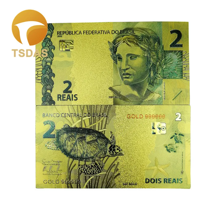 Цветная Золотая банкнота 24k позолоченная бразильская 2 Reais фольга 10 шт./лот для