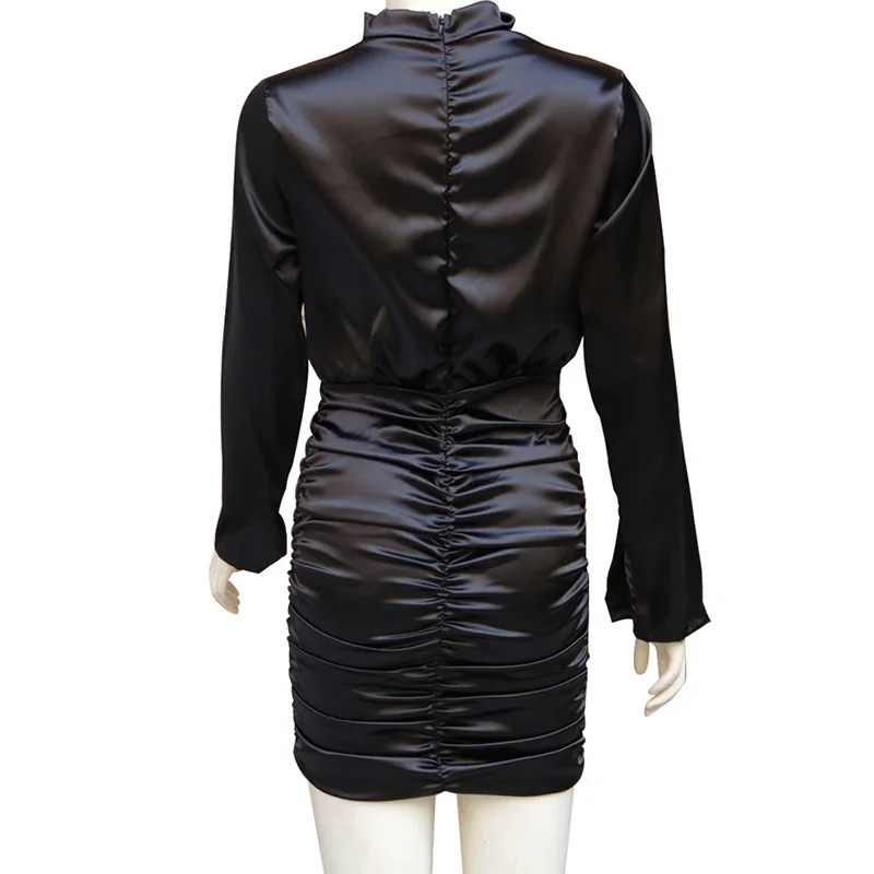 Женское вечернее Шелковистое платье с длинными рукавами разрезом и рюшами на