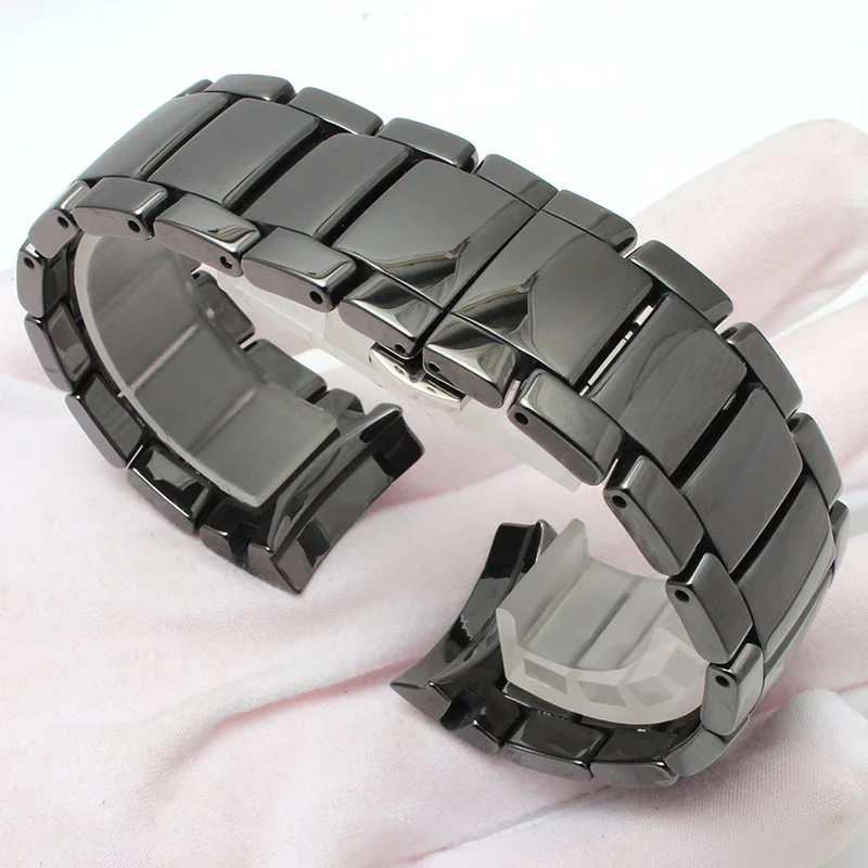 Glossy Black Shine Ceramic Strap for AR1451 Ceramic Watch with Men's 24MM Scrub Wristband Butterfly Buckle Waterproof Sports Watch Chai - Цвет ремешка: Glossy