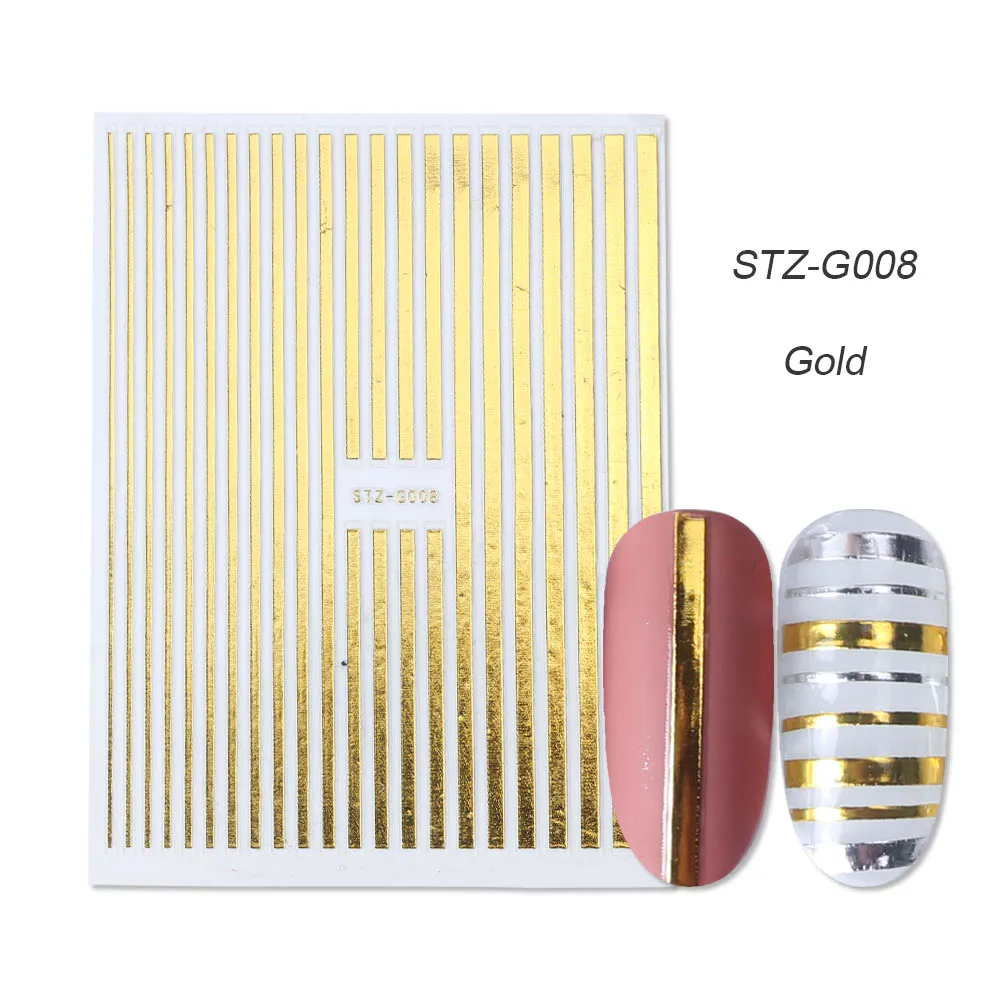 STZ-G008 Gold 1 шт золотые Серебристые 3D наклейки для ногтей прямые изогнутые вкладыши полосы ленты обертывания геометрический дизайн ногтей украшения BESTZG001-013 - Цвет: STZ-G008 Gold