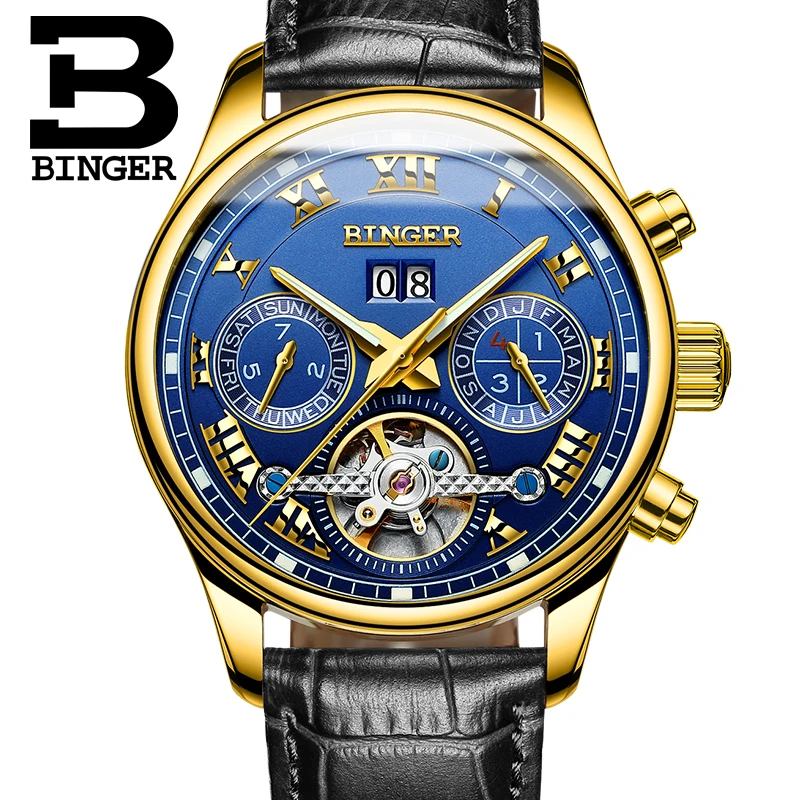 Роскошные золотые синие мужские часы Tourbillon с автоподзаводом механические