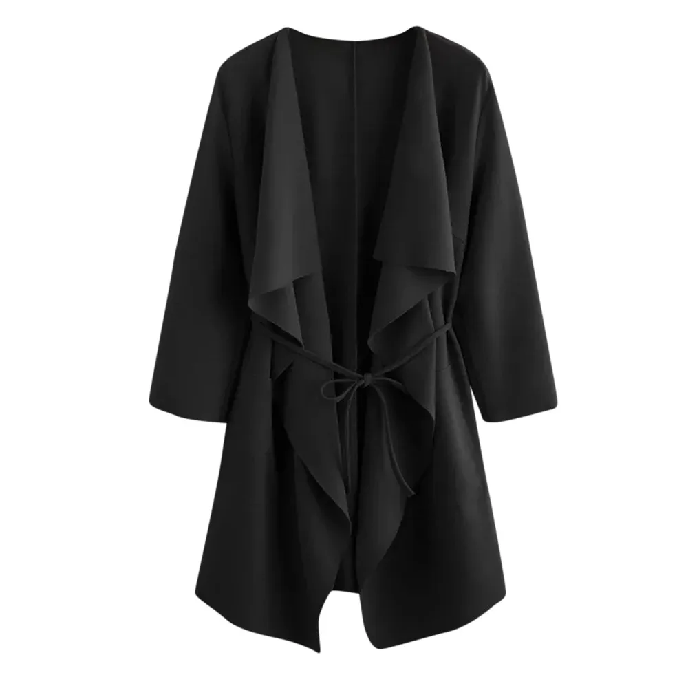 2019 Womens Coat New Fashion Casual Waterfall Collar Pocket Front Wrap Jacket Outwear gothic coat trench femme |