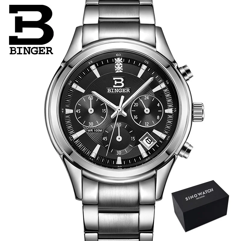 GS-silver black Binger женские часы швейцарские Роскошные Кварцевые водонепроницаемые женские часы с ремешком из натуральной кожи наручные часы с хронографом BG6019 - Цвет: GS-silver black