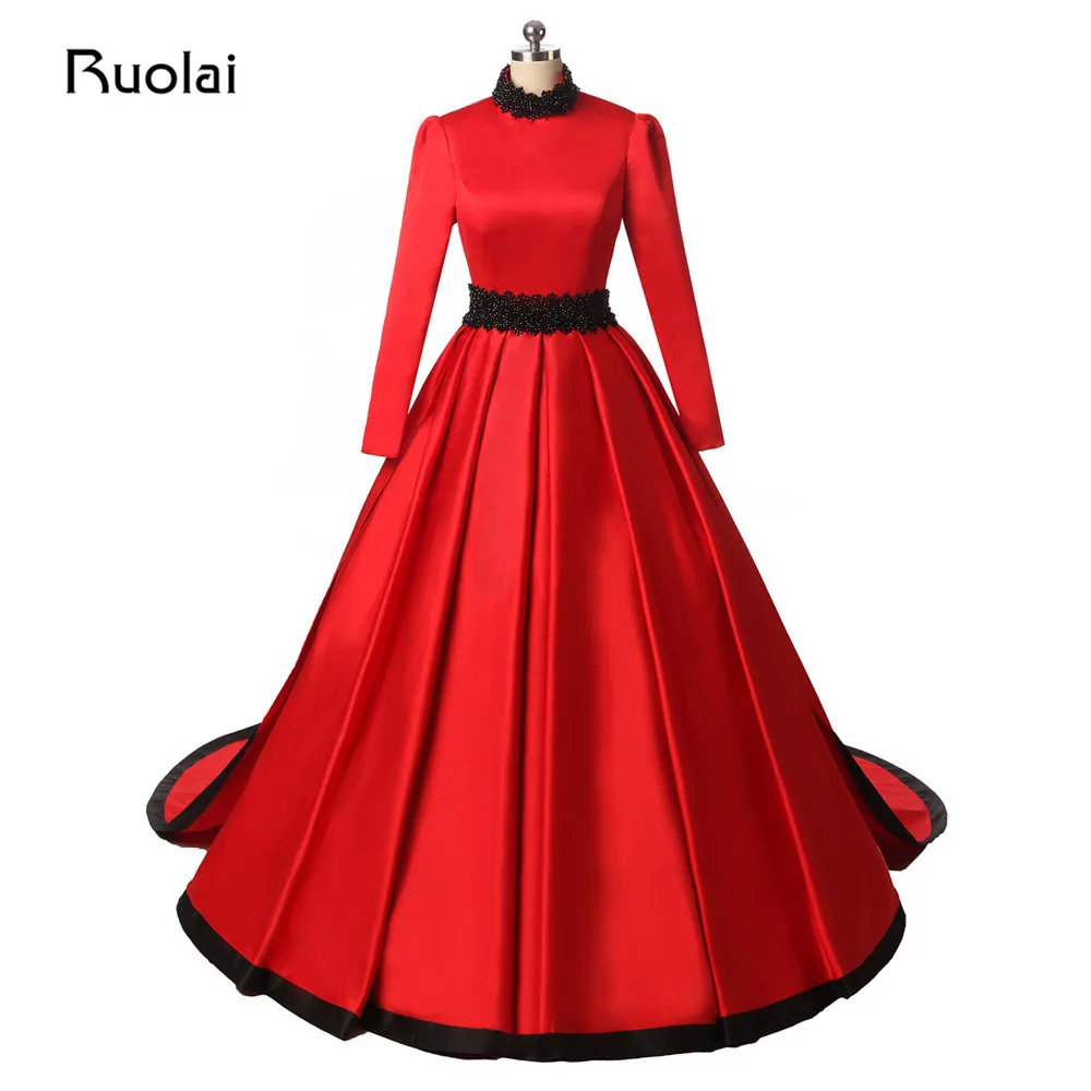 Real Photo Dubai Ball Gown Red Prom Dresses Long Sleeve High Neck Arabic Muslim Evening with Crystal Robe de Soiree PD24 | Свадьбы и