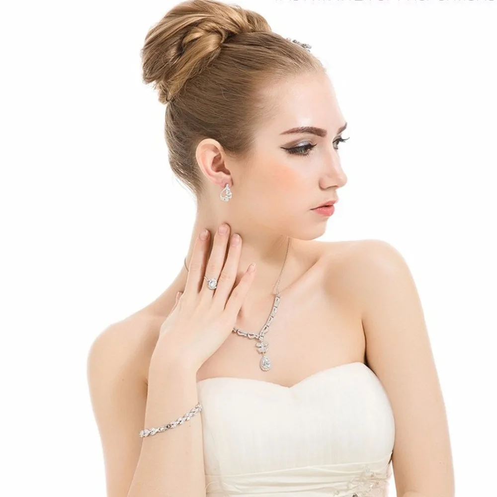 LUOTEEMI Brand Necklace+Earrings Zircon Wedding Jewelry Set for Brides Fancy Water Drop Cutting AAA+ Cubic Zirconia Necklace | Украшения и