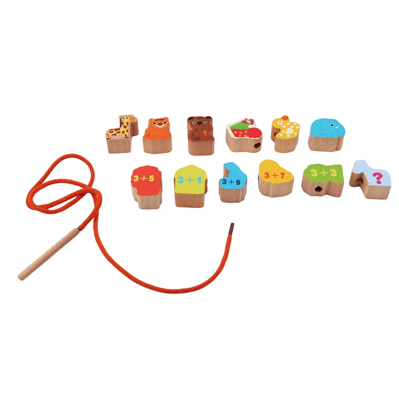 wild animal Small Lacing& Stringing Wooden Beads Sea pink girls with String Packaged with Metal Box Preschool Fine Motor Skills Toys - Color: wild animal
