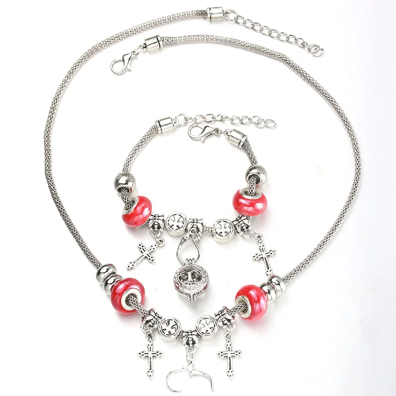 6 Colors Cross Necklace Bracelet Set Lobster Clasp Fine Red Bead Hollow Chain Beaded With Hook DIY Pendant Jewelry | Украшения и