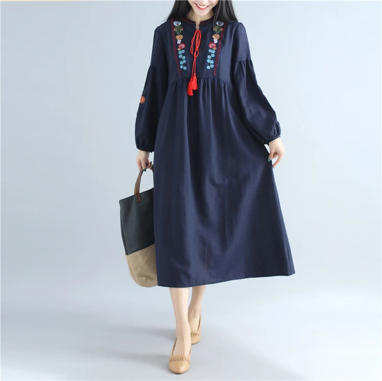 Весенне осеннее национальное винтажное платье для женщин с рукавами фонариками