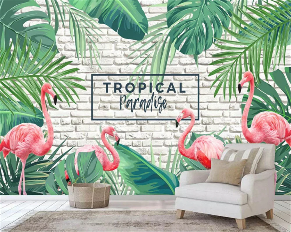 

beibehang Custom fashion silky stereo papel de parede 3d wallpaper fresh green hand drawn tropical plants flamingo background