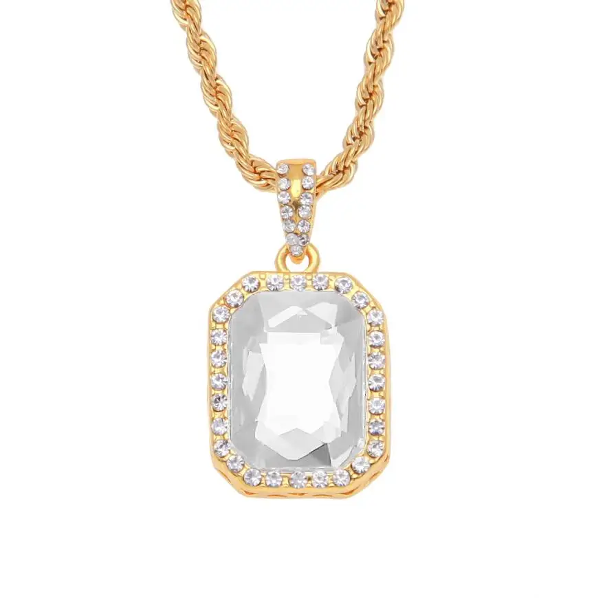 BLING KING, полностью покрытые льдом Стразы, квадратное ожерелье с драгоценным камнем, красный/черный/зеленый/синий кулон, золото, серебро, модные ювелирные изделия в стиле хип-хоп - Окраска металла: gold white