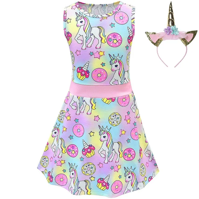 colorful headband Летнее Радужное платье с цветочным рисунком для девочек, праздничное платье принцессы с единорогом, нарядное детское платье без рукавов с оборками на день рождения - Цвет: colorful headband