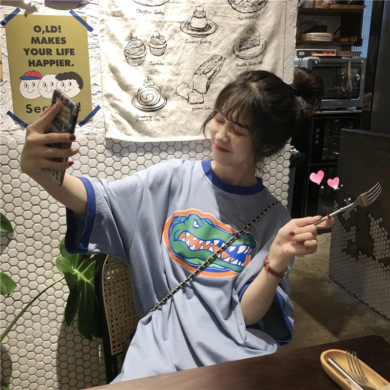 Модная летняя футболка женская одежда корейский стиль Ulzzang Harajuku футболка с коротким рукавом женская Повседневная Зеленая Футболка Топ