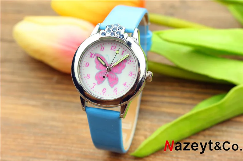 Nazeyt детские часы с персонажами мультфильмов для девочек прекрасный циферблат с бабочкой светящиеся стрелки Хрустальные кожаные часы с бриллиантами подарок на день детей