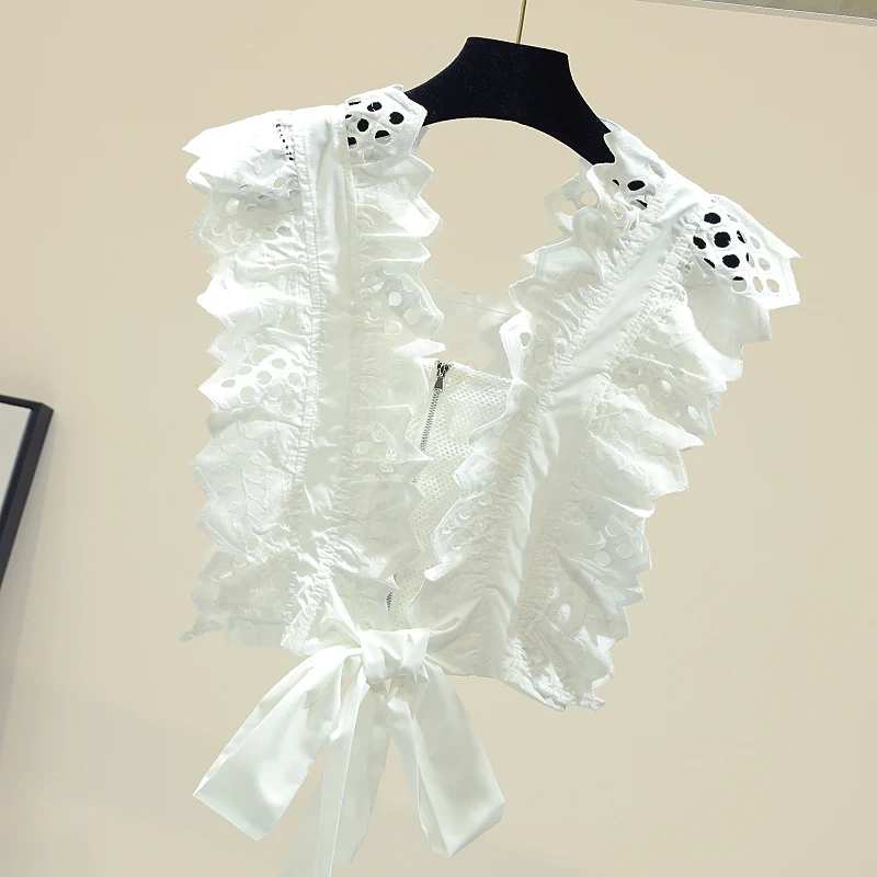 Ажурная кружевная рубашка для женщин лето 2020 новая белая блузка без рукавов